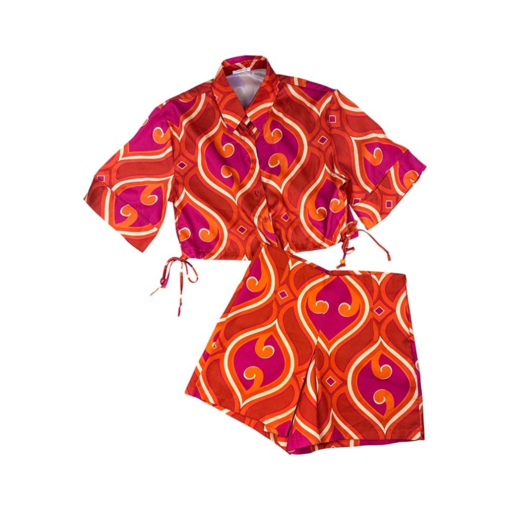 Sunday Up Retro 70s Psychedelic Swirl Short Set S Tangerine Pink Crop Top Shorts